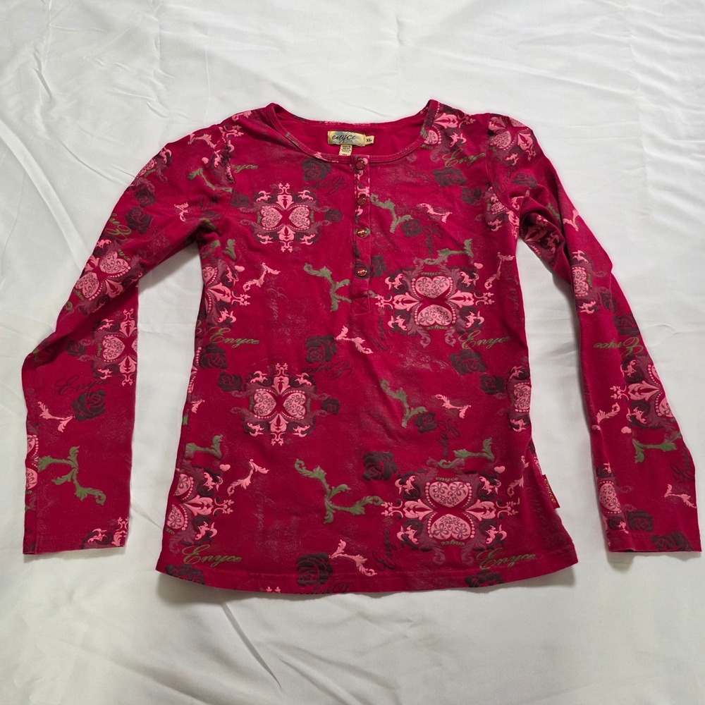 Enyce Womens Red Damask Floral Print Long Sleeve Henley Top XL Y2K Streetwear
